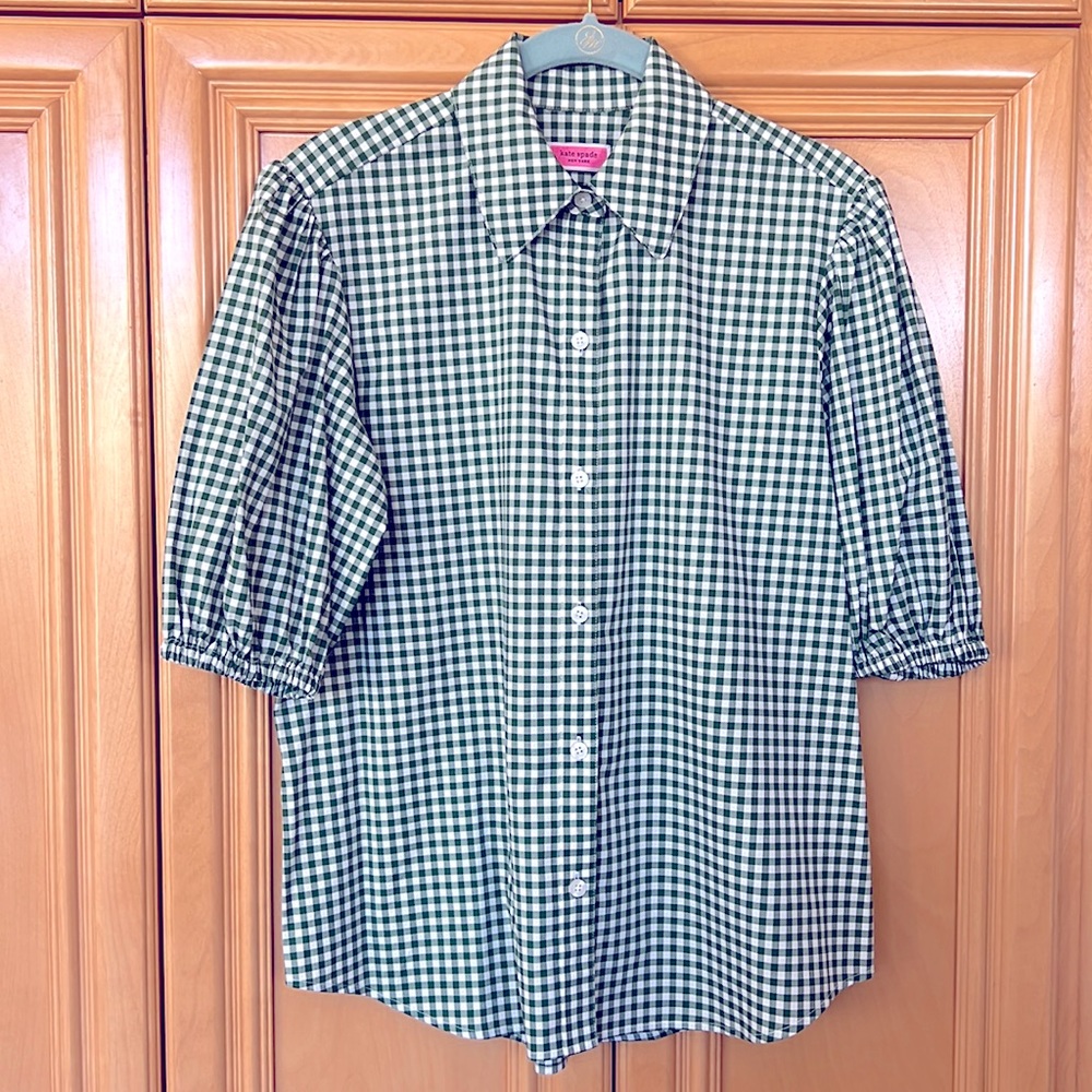 Kate Spade Green Gingham Balloon Sleeve Blouse Shirt
